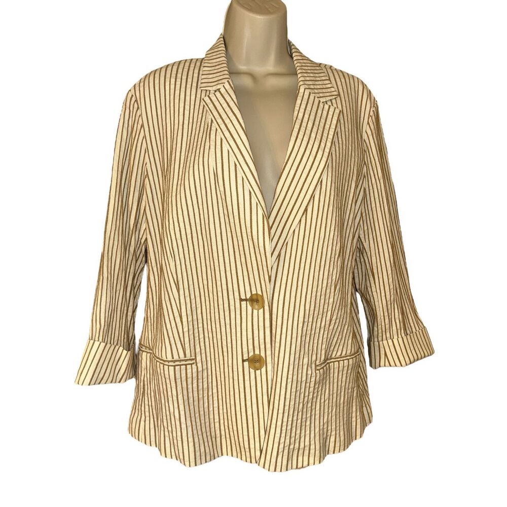 Lafayette 148 New York Cream and Brown Striped Linen Blazer